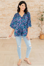 Load image into Gallery viewer, Dreamer Peplum Top in Navy and Lavender Animal Print
