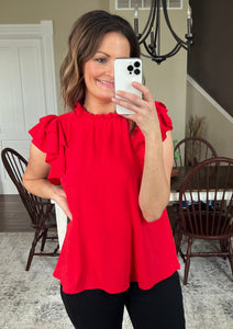 Red Flutter Sleeve Top