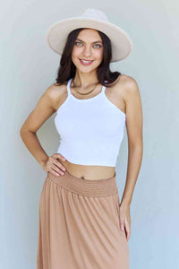 The Nina High Waist Scoop Hem Maxi Skirt in Tan